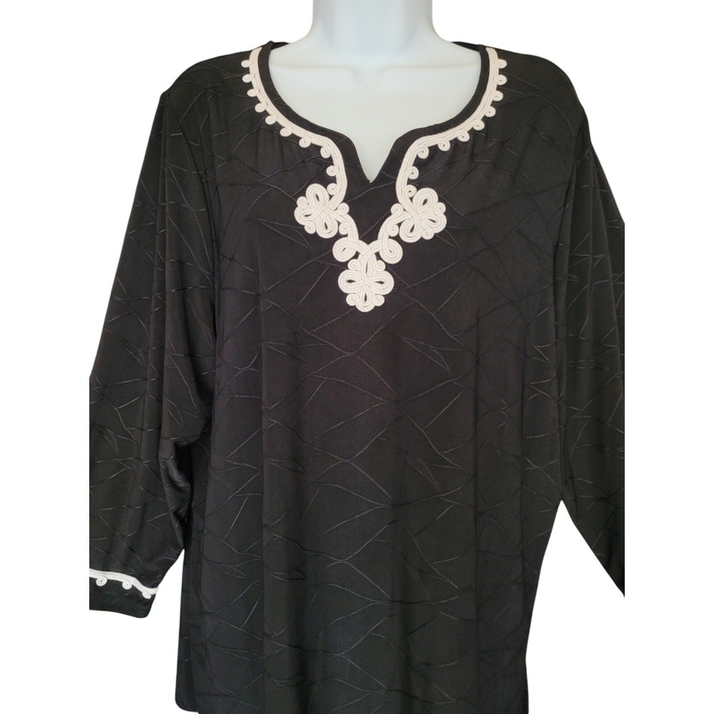 Allison Daley Tunic Top 1X Black Textured 3/4 Sleeve Braid Trim Stretch Artsy